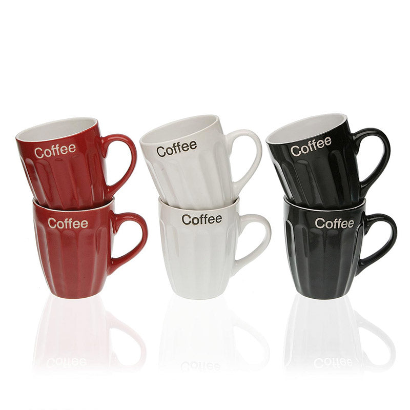 Taza de café en con asa y colores rojo, blanco y negro