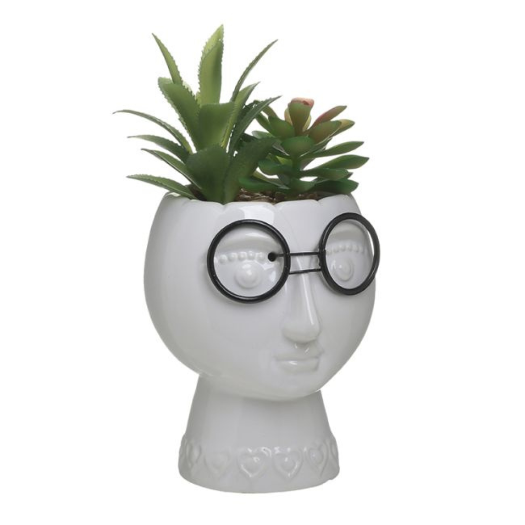 Ceramic vase with white/green plant 10Χ10Χ19