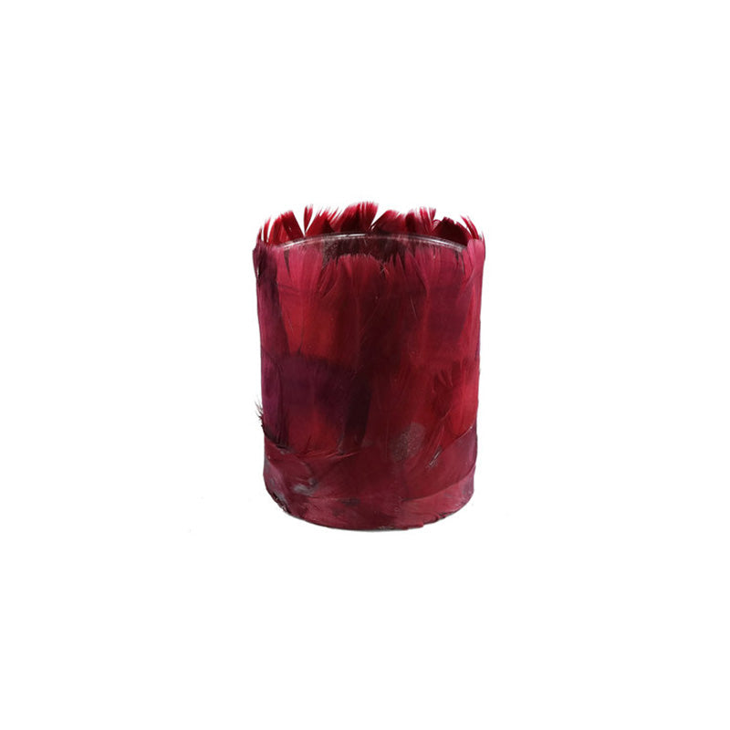 POrta velas tea light de vidrio con plumas burdeos