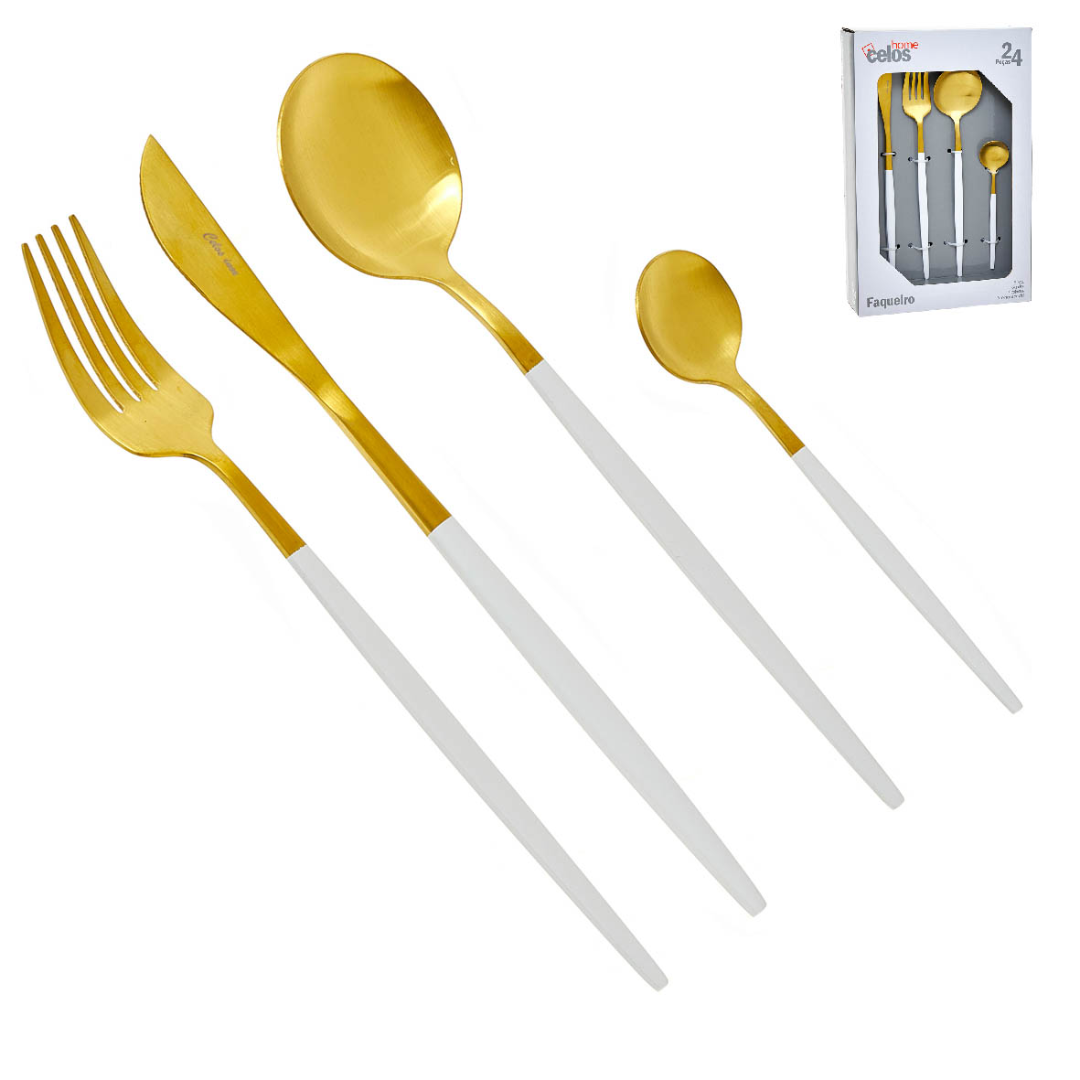 Gold and White Cutlery 24 pcs